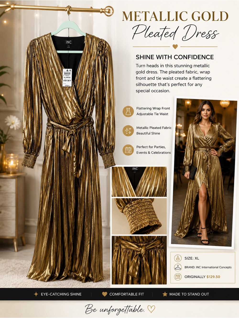 INC International Concepts Metallic Gold Pleated Wrap Maxi Dress